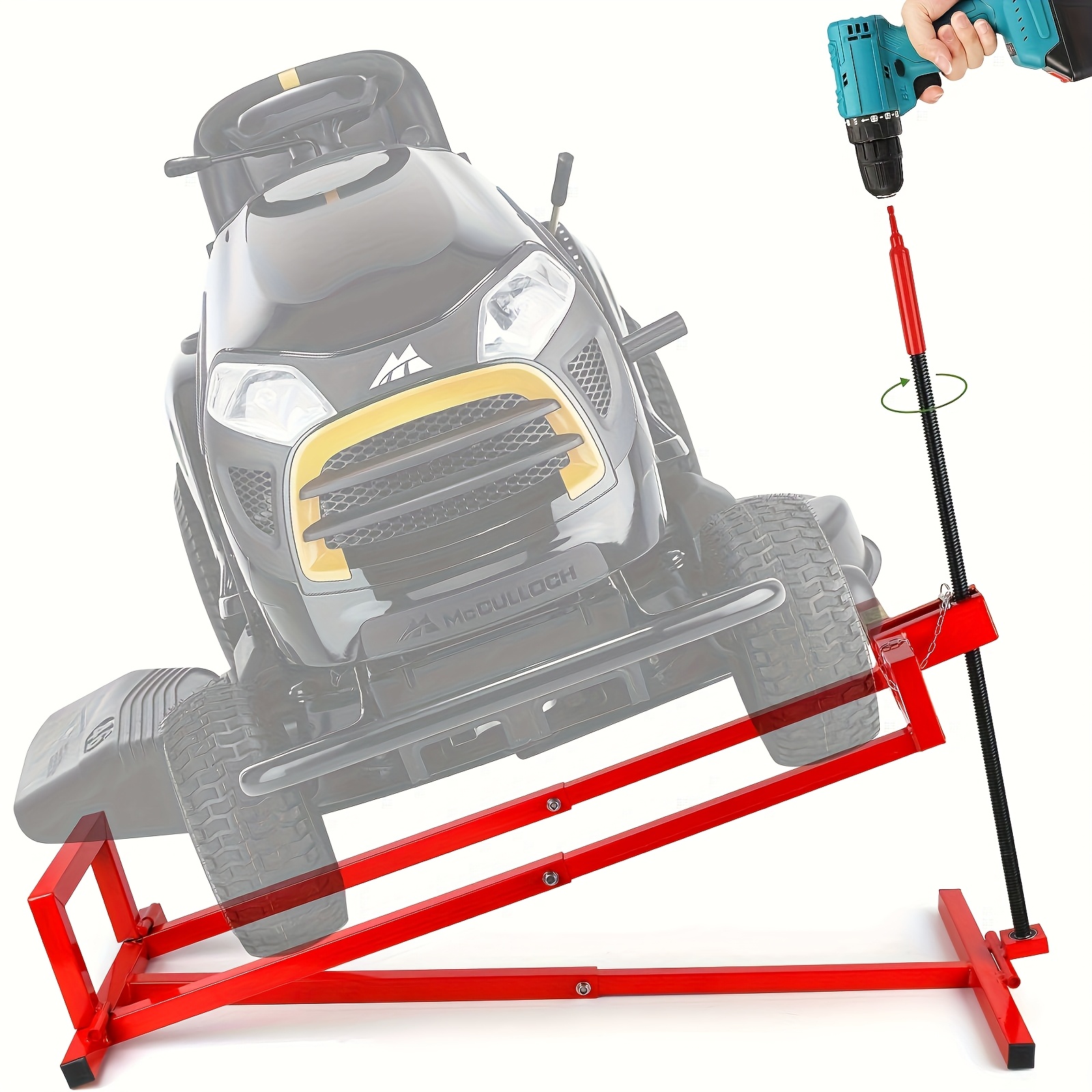 heavy duty lawn tractor lift 880 lbs capacity with power tool extension handle foldable design for lawn mowers garden tractors residential commercial use durable metal construction yard maintenance sturdy frame reinforced structure equipment lifter commercial mower  