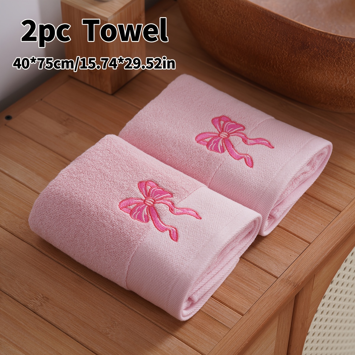 Image of 2pcs 450gsm Embroidered Bow Towel, 100% Cotton, Soft And Absorbent. 2pcs Towels (40 X 75cm/15.74 X 29.52in), Cotton Loop Embroidered Bathroom Towel, Festival Towel, Bathroom Supplies