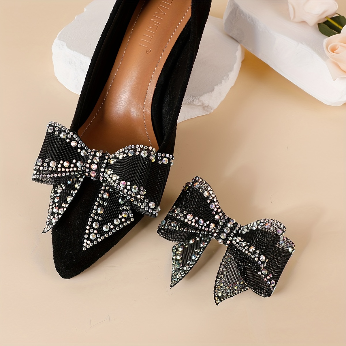 

1 Pair Of Elegant Black Bow Shoe Clips - Detachable Pvc Accessory With Ab Color, High Heels & Flats - Adds Sparkling To Your Footwear