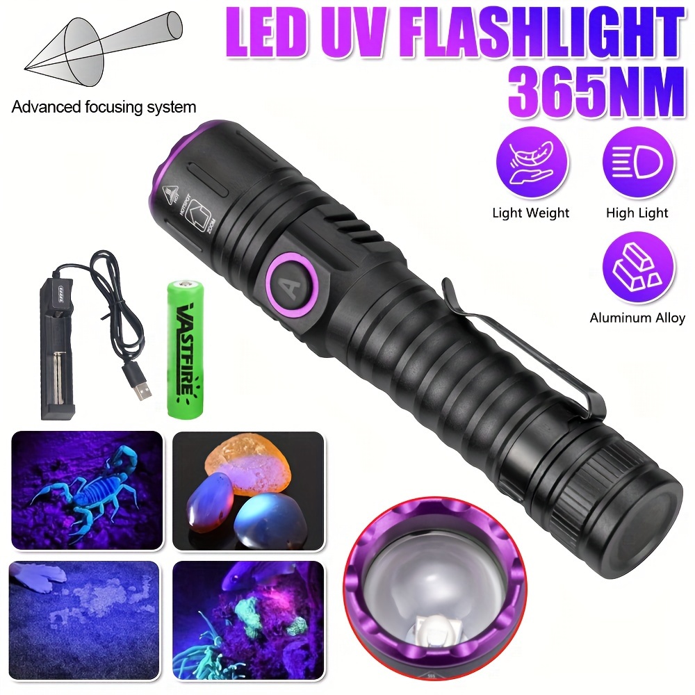 

365nm Uv Flashlight Type C Usb Rechargeable Black Light Money Detector For Resin Curing, Pet Urine Detection, , Fishing, Minerals, Leaks, Cure Glue With Battery