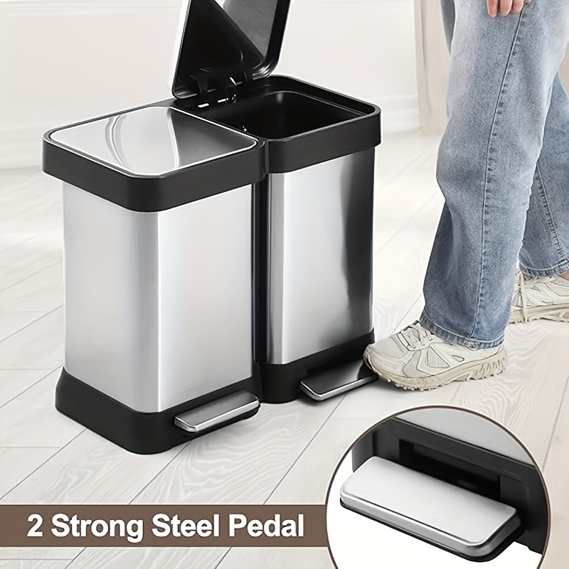 40l Heavy-duty Stainless Steel Kitchen Trash Can With 2 Compartments (20l Each) - Double Pedal Bin, Soft Closing Lid, Space- Narrow Design