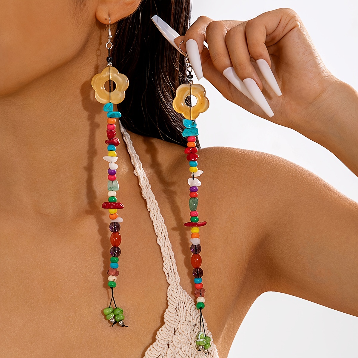 TEMU Paire de boucles d'oreilles longues tombantes à pompons avec perles de rocailles colorées en résine acrylique et gravier, adaptées pour d', les