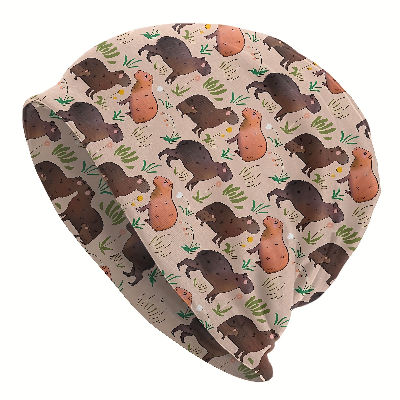 

1pc Cute Capybara Printed Brimless Hat, Thin And Soft Unisex Ski Cap, Polyester & Spandex Knitted Fabric