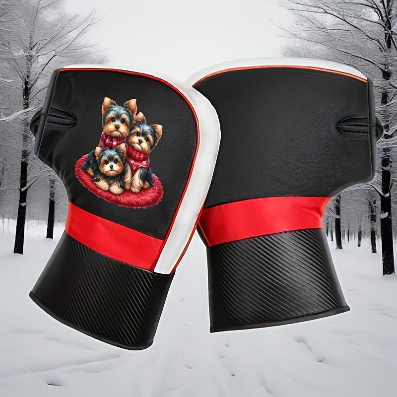 TEMU 1pair Cycling Gloves, Motorcycle Gloves, Winter Warm Windproof Riding Gloves With Lovely 3 Yorkshire Dogs Print, Comfortable Durable Gloves For
