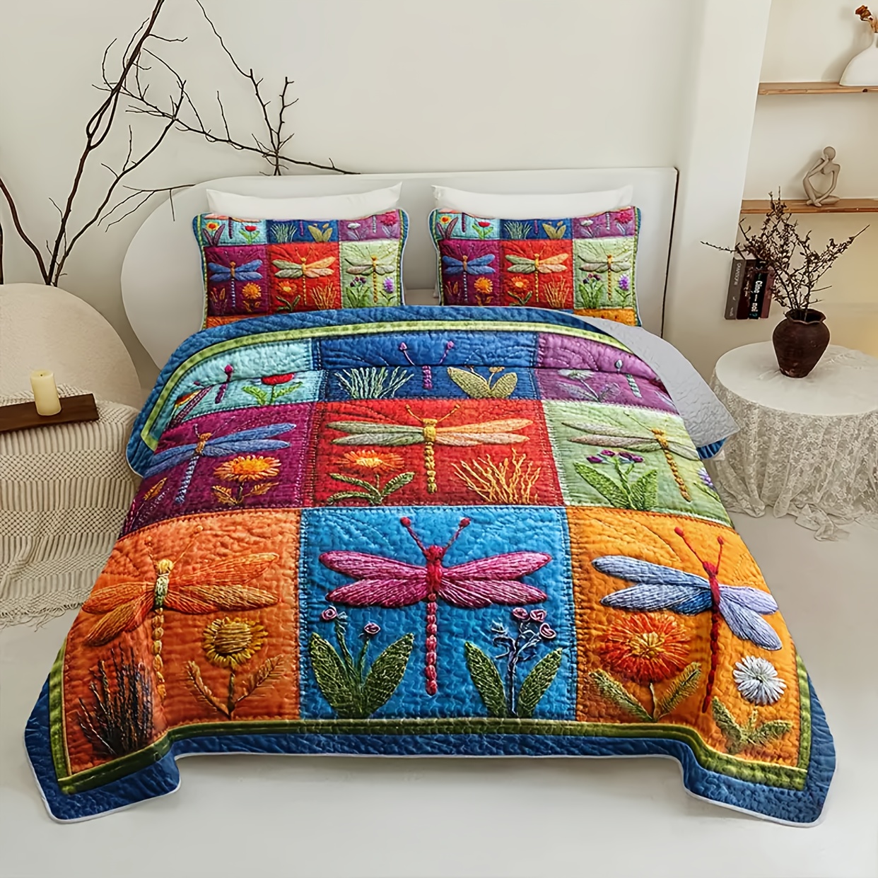 item picture 3pcs boho bedspread coverlet with pillowcases suitable for   quilted bed cover bohemian   bedding decor vibrant floral stitched quilt cover for bed machine washable fill for   or
