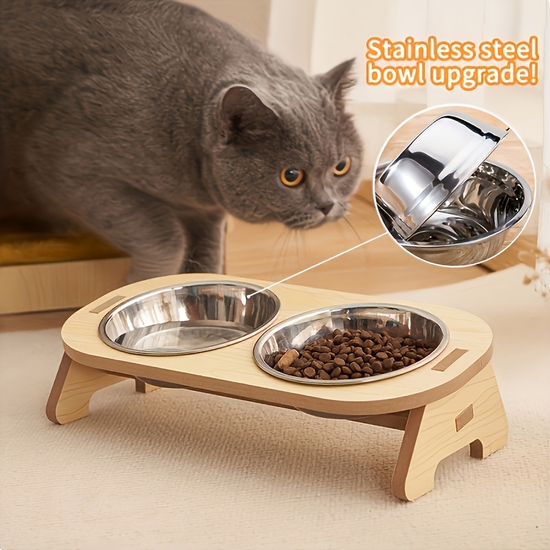 

Elevated Cat Feeder With Stainless Steel Bowls - Ergonomic Raised Wooden Stand, Dual Bowl Design For Food & Water, Neck Protection For Cats, Cat Feeding Station|modern Pet Feeder| Feeding Platform