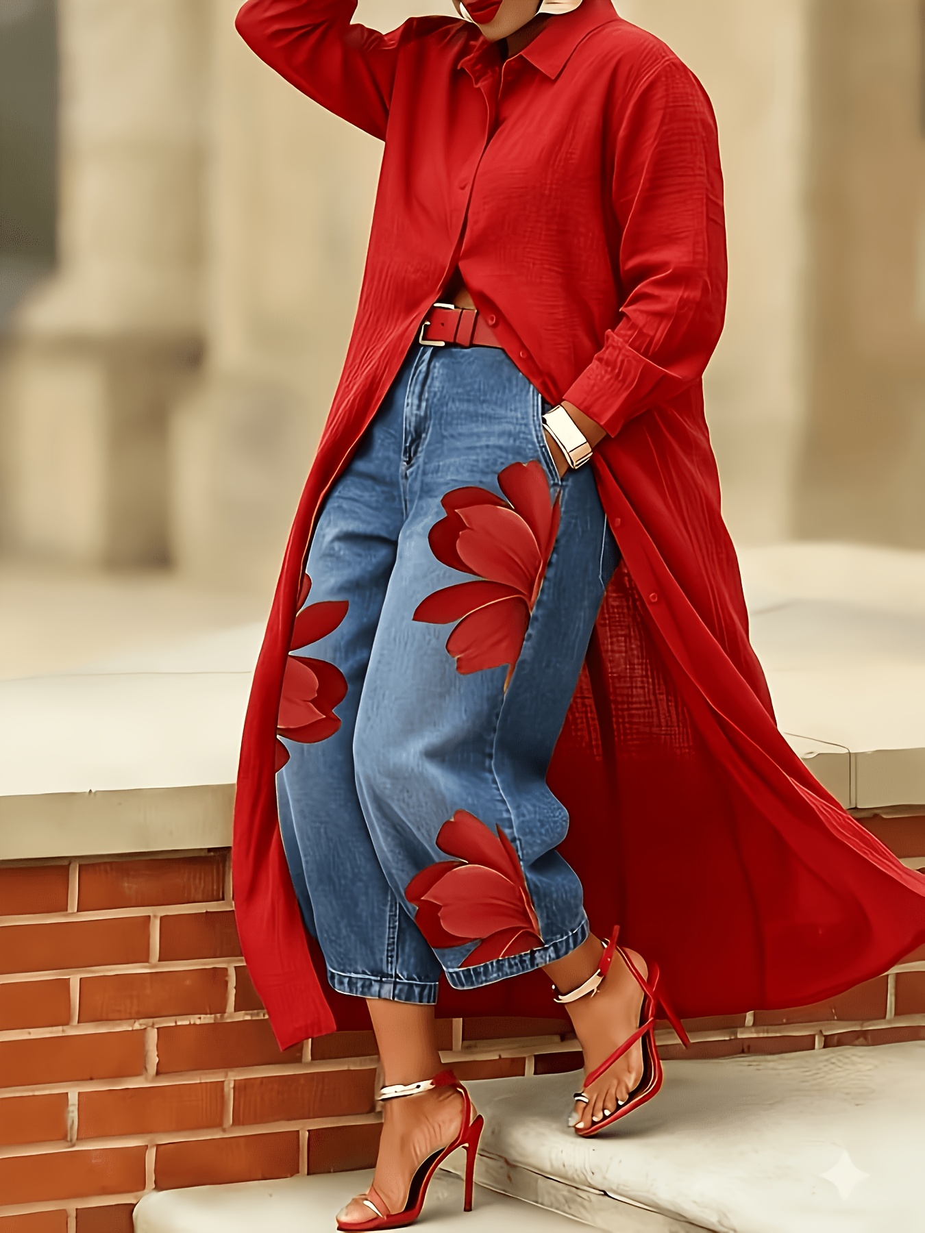 Plus Size - Plus Size - Elegant Women'S Summer Dress, Red Long Shirt, Loose  And Oversized Long Sleeved * Printed Shirt Skirt