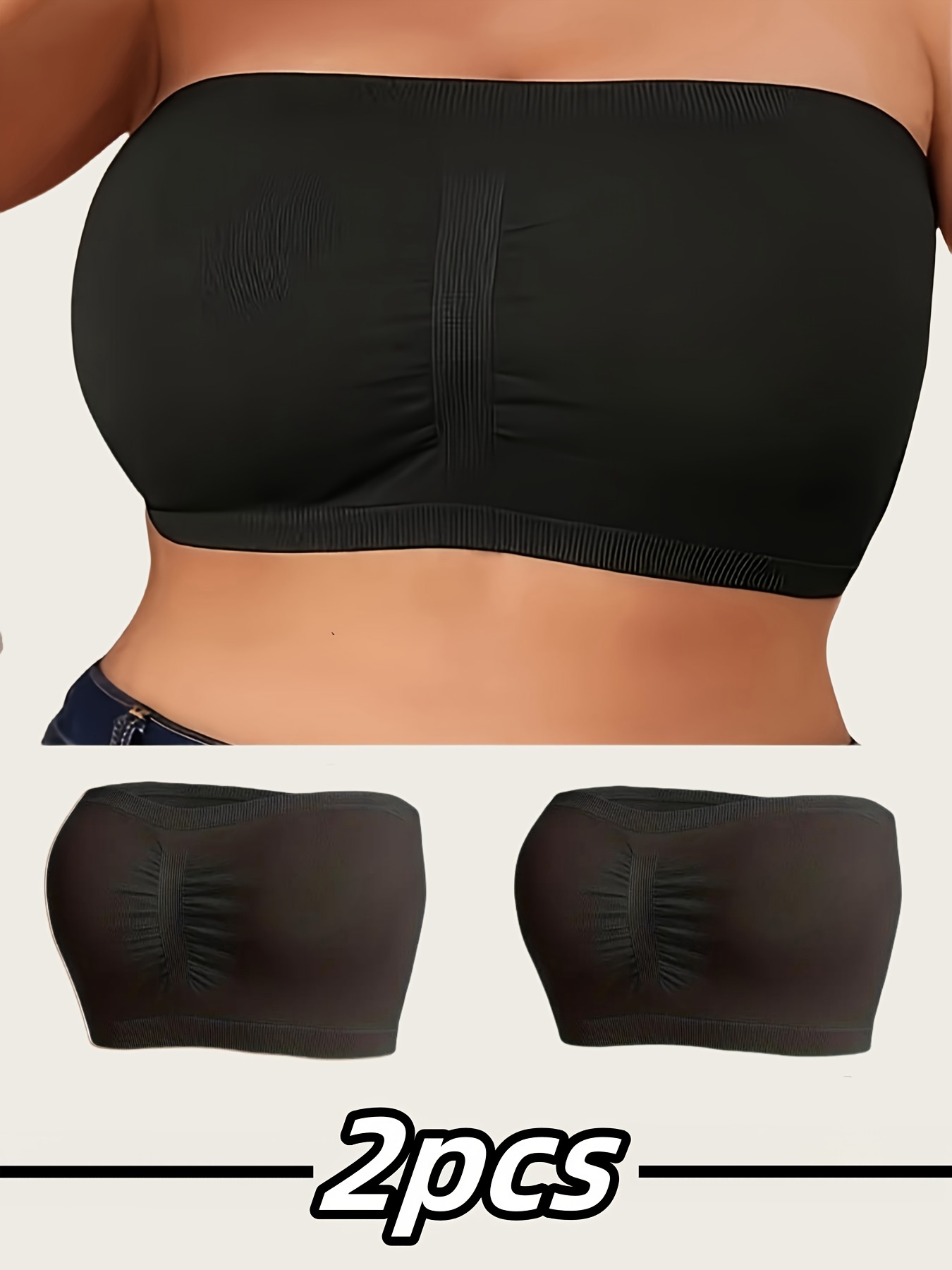 2pcs Strapless Seamless Breathable Solid Color Comfortable Versatile Simple Sexy Plus Size Women's Anti-Slip Ruched Bra Top Wardrobe Essential Set