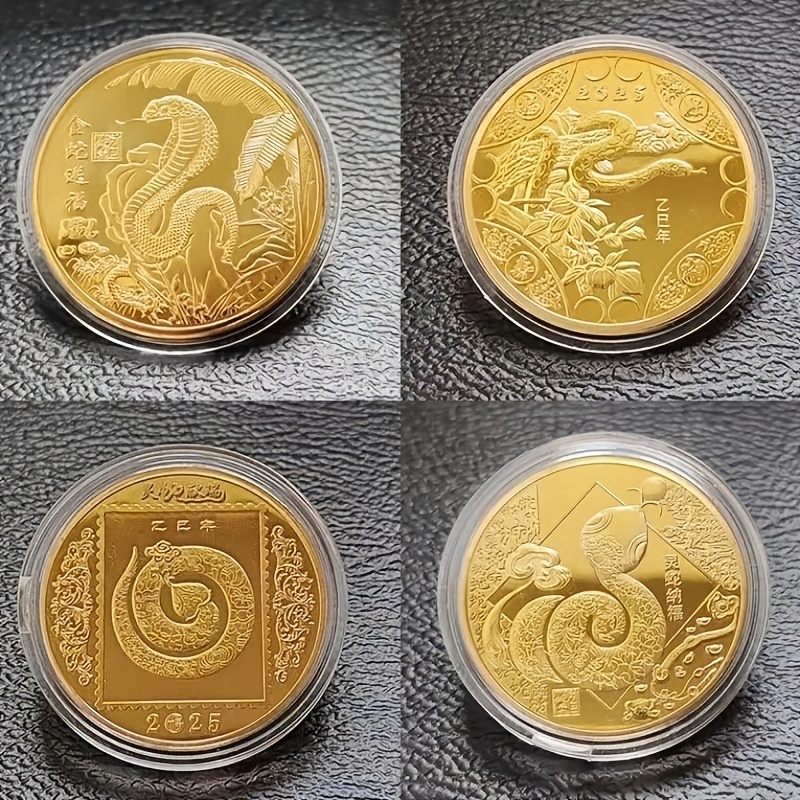 

4pcs Traditional Chinese Zodiac 2025 Snake Commemorative Coin Set, Gold-plated Iron , Round Metal Memorabilia