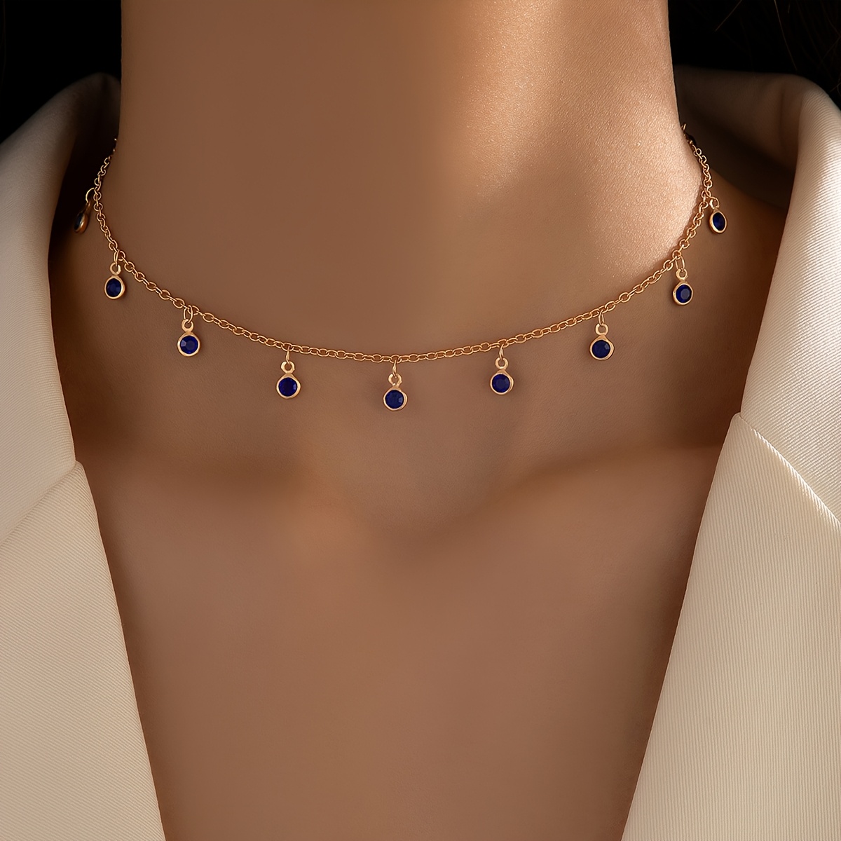 TEMU 1pc Elegant Vintage Metal Handmade Necklace With Single Blue Rhinestone Pendant And Border, Suitable As A Gift For At Parties, Banquets, And