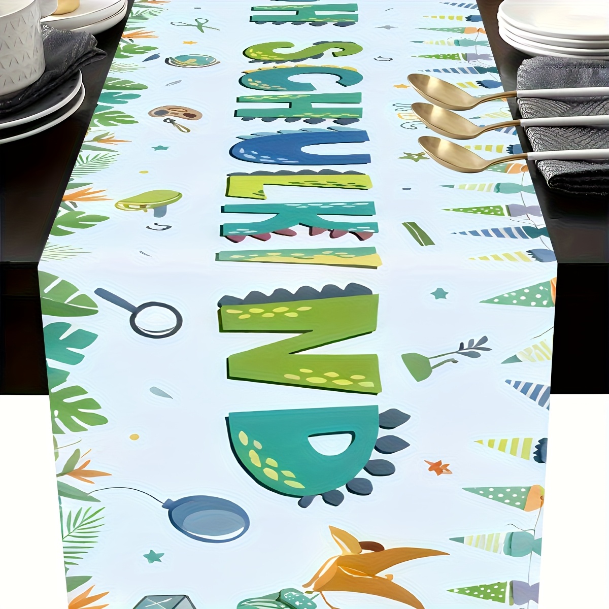 1pc Back-to-school Theme " In Elementary!" Table Runner With Fun Dinosaur Design For School Bus And Stationery Patterns, Elegant Dining Decor, Perfect For Holiday Parties 13x48/13x72/13x108/inch