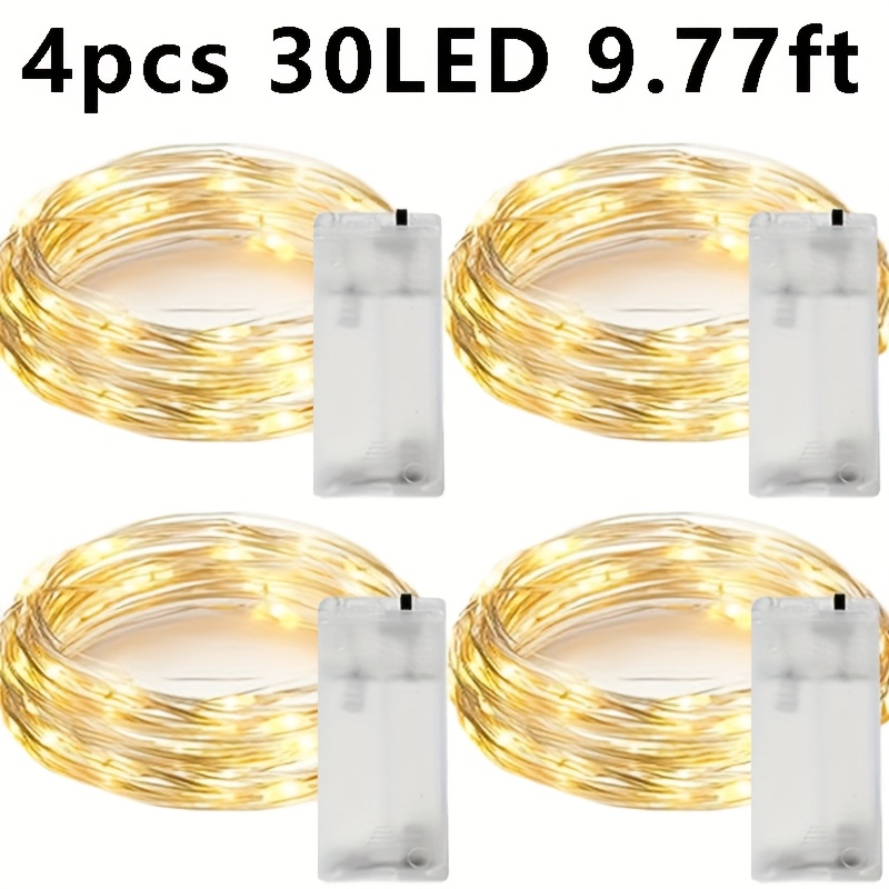TEMU Lot de 4 guirlandes lumineuses féeriques à piles 10/ LED, 3,21/6,49/9,77 pieds, fil de cuivre argenté, mini guirlandes lumineuses avec boîtier à