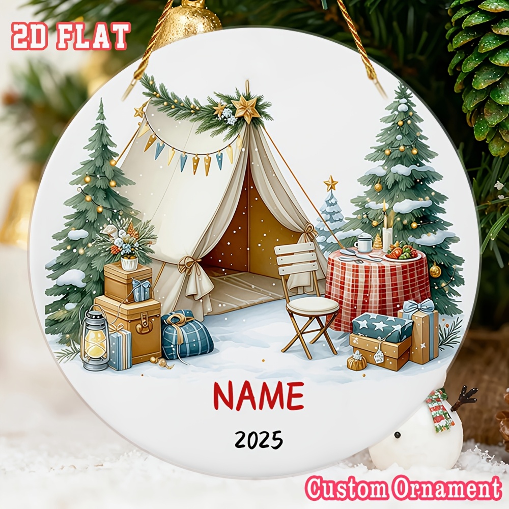 TEMU 1pc Round Holiday Decor, Custom Name And Year Hanging Ornaments, Winter Camping Tent Xmas Layout Pattern, Outdoor Camping Enthusiasts, Seasonal