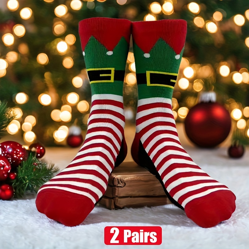 

Christmas Elf Crew Socks - Polyester And Elastane , Machine Washable, Comfortable Knitted Fabric, Holiday Design For Men And Women, Perfect Gift For