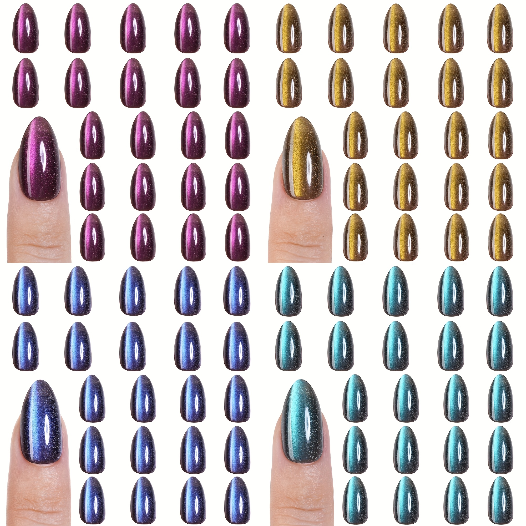TEMU 120pcs Short Almond Cat Eye -on Nail Patches, Soft Gel Material, With Jelly Glue And Nail File, Shiny And Set, Suitable For Women's Nail