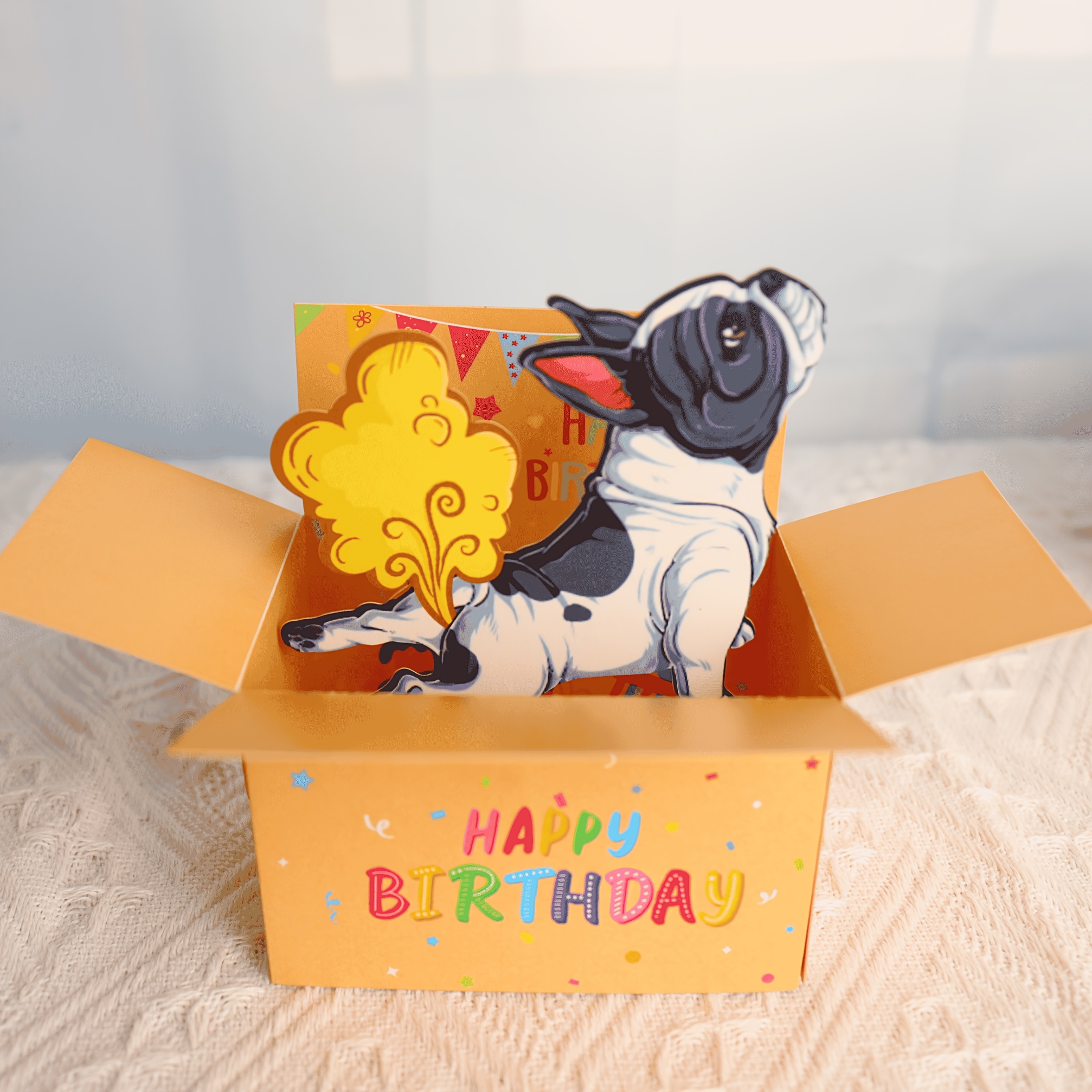 TEMU 1 Carte d'Anniversaire Amusante Bulldog Français - Pop-Up 3D avec Chapeau de Fête et Enveloppe Colorée, Carte Humoristique pour Amoureux des