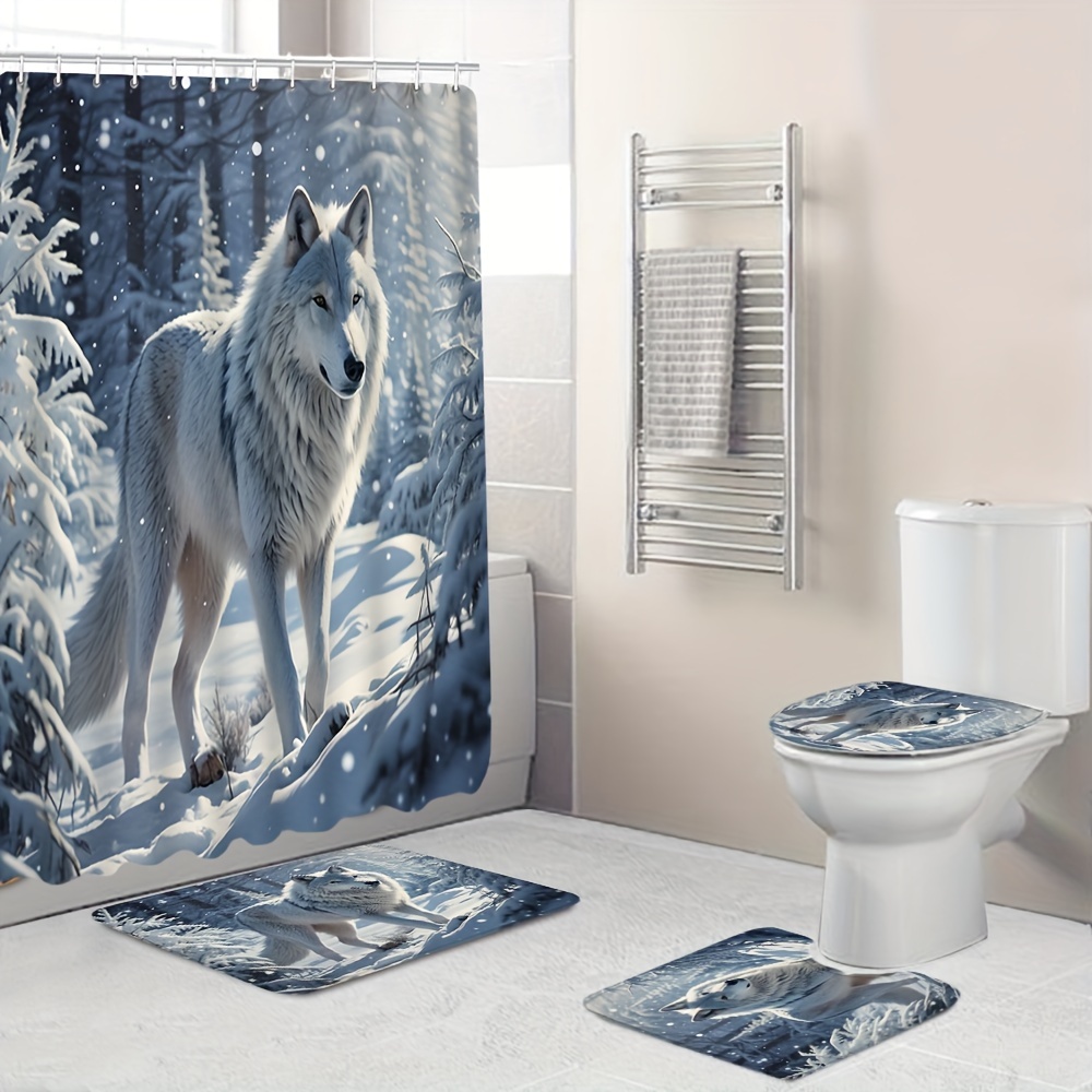 

1/4pcs Snow Wolf Printed Shower Curtain Set, Waterproof Bathroom Partition Curtain With Hooks, Non-slip Bath Rug, Toilet U-shape Mat, Toilet Lid Cover Mat, Bathroom Accessories