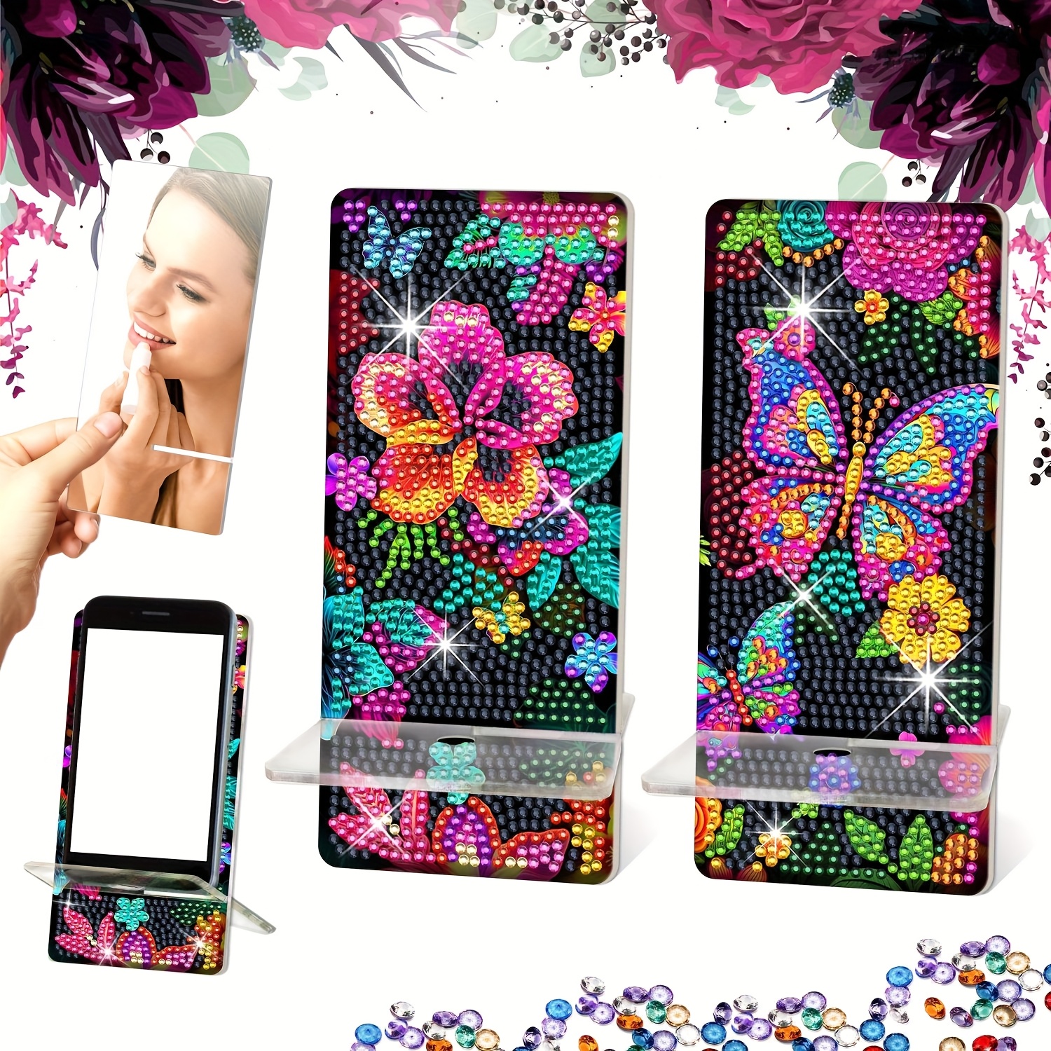 TEMU 2pcs Set With Flower And Designs, Crafts Set, Multi-functional Phone Holder And Mirror, Perfect Christmas Gift For Home, Dining Table And Vanity