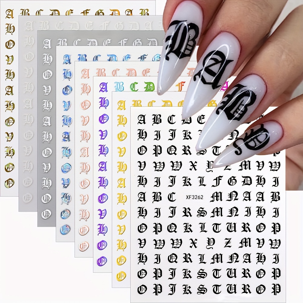 

8 Sheets Letter Nail Art Stickers Decals Supplies - 8 Colors 3d Self-adhesive Fashion Retro English Letter Nail Design Acrylic Decorations For Women Girls Diy Nail Accessories Manicure Tips