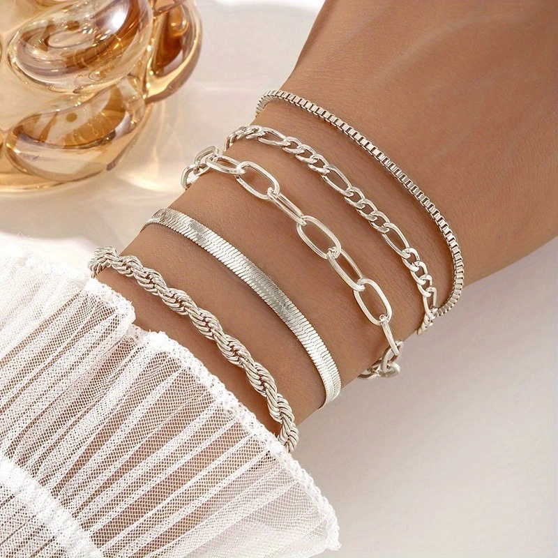 5pcs Silvery Cuban Chain Bracelets Set, Handcrafted