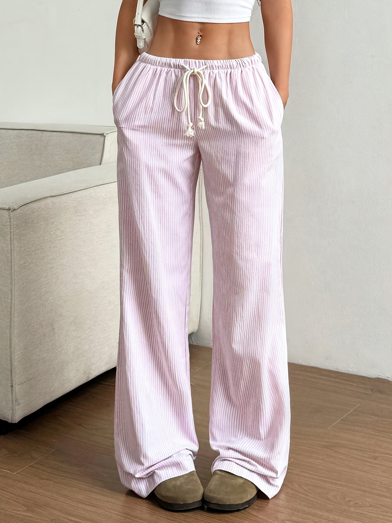 pink low waist drawstring straight pants with pockets womens fashion   clothes ladies summer trousers details 1