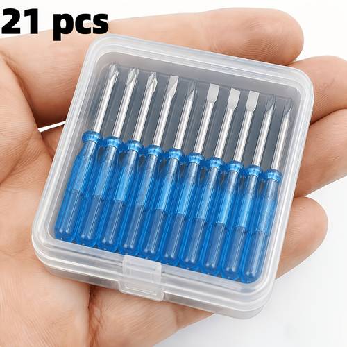 item picture 21pcs 10pcs straight 10pcs cross and 1pc plastic box mini screwdriver set suitable for toy repair and 2mm micro straight and cross screwdrivers designed for enthusiasts and handcraft practice no electricity needed