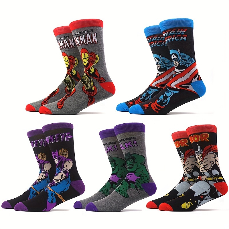 

5 Pairs Of Men's Cotton Blend Fashion Superhero Pattern Crew Socks, Comfy & Breathable Elastic Socks, For Gifts, Parties And Daily Wearing, Spring & Summer