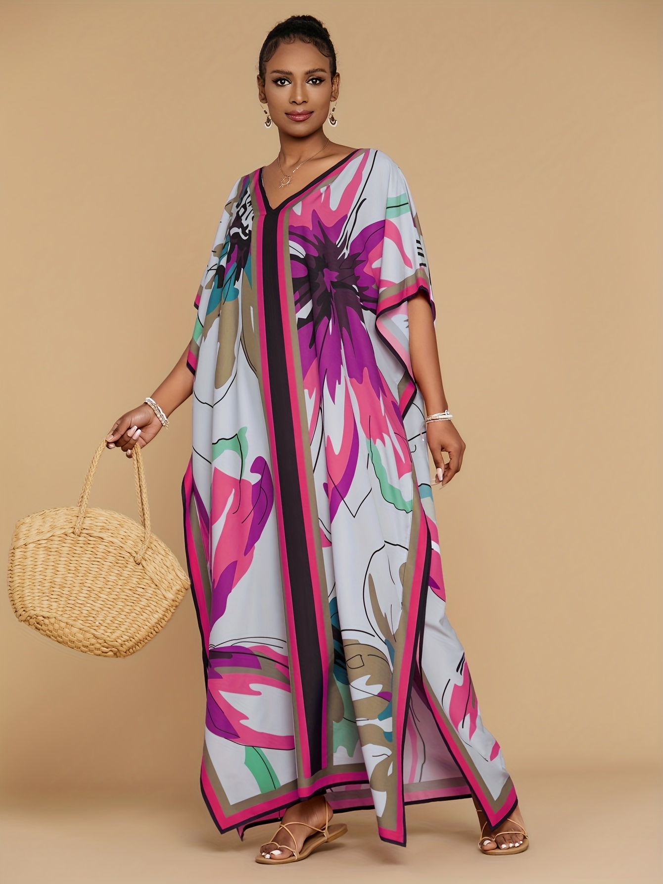 boho beach dresses for women multi color stretchy kaftan swimsuit cover up dress plus size loose ethnic maxi dress with side split vacation resort wear purple 4