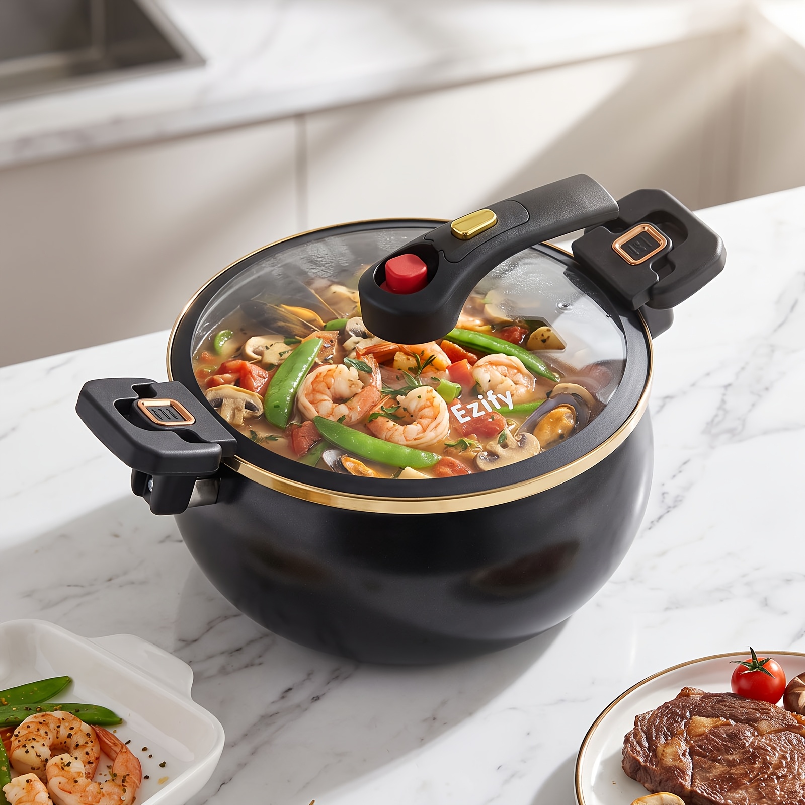 Image of 7l Large Soup Pot, Stew Pot With Easy-clean Interior, Safe Button Burn-free Lid Release, Clear Glass Lid & Dual Handles Minimalist Enamel Look | 7l Large For Camping, Home Kitchen, Effortless Cleaning