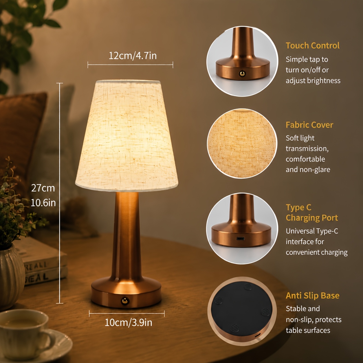 Retro Touch Lamp with Cordless Charging and 3-Color Light