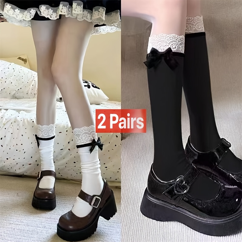 TEMU Lot de 2 paires de chaussettes avec nœud , bordure et détail en dentelle - blanches, adaptées JK, aux uniformes, aux tenues décontractées,