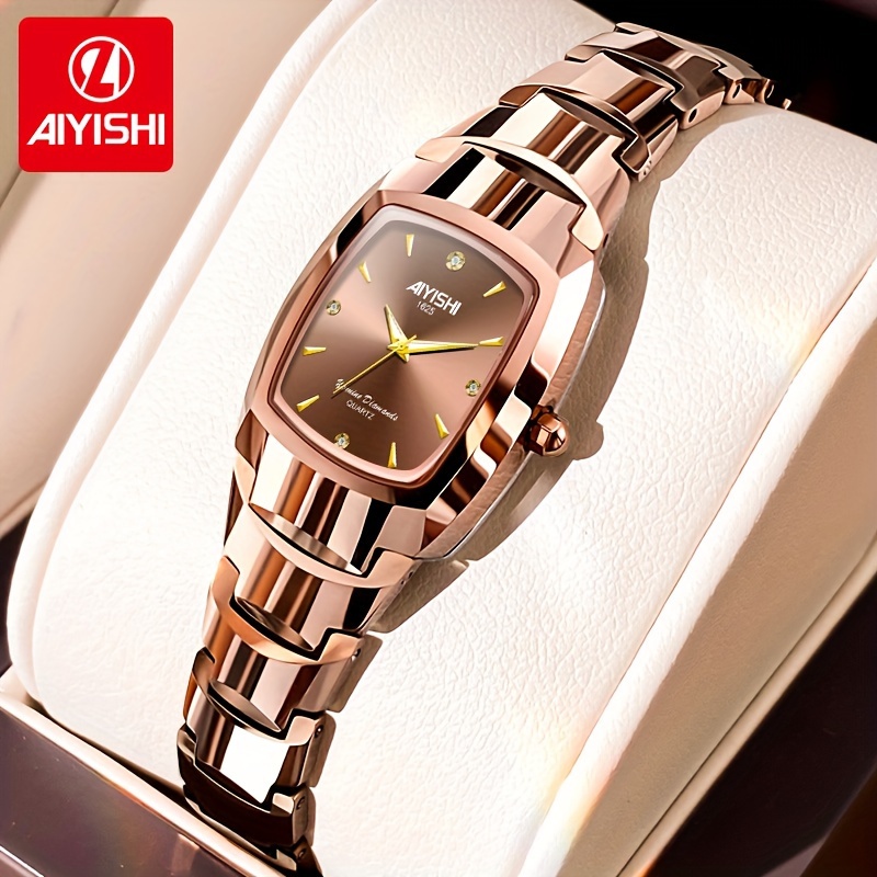 

Coffee Golden Square Quartz Watch Zinc Alloy Strap Zinc Alloy Pointer Zinc Alloy Case, Casual Style, Luminous Hand, Fashion Accessory, For Women