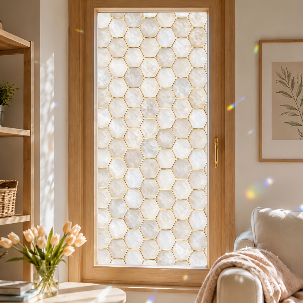 TEMU 1 Roll Of Cream Honeycomb Mosaic Pattern, Frosted Window Film, Self Adhesive Pet Glass Window Sticker, 45x100cm/17.7x39.4in, For Window Door