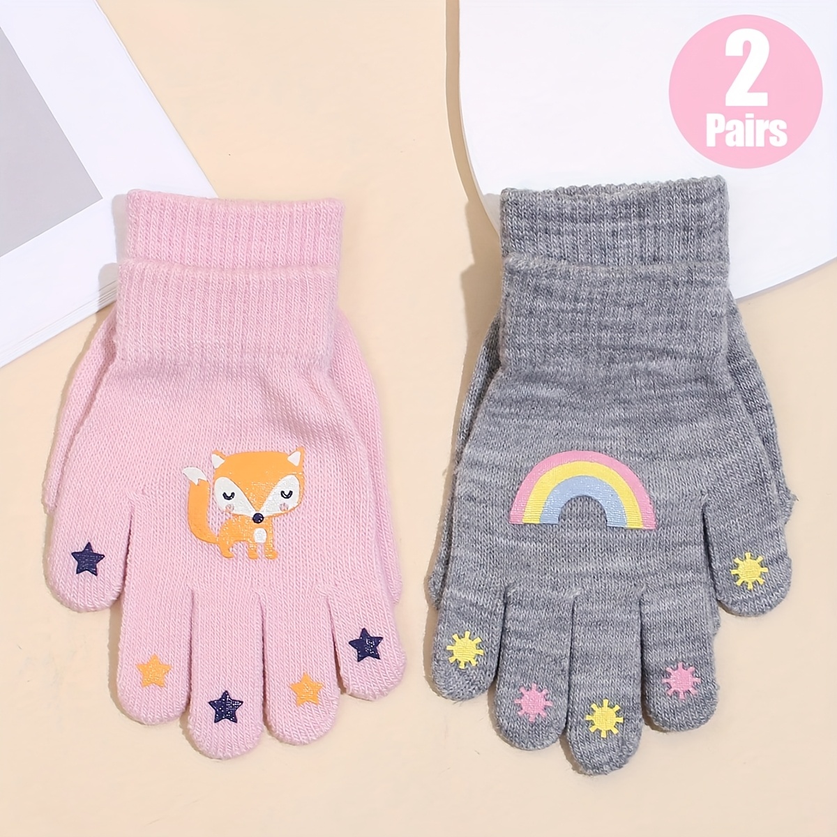 Girls' Cold-proof Warm Separated Gloves, Autumn Winter Cute Cartoon Pattern Knit Mittens, Suitable For 5-9y