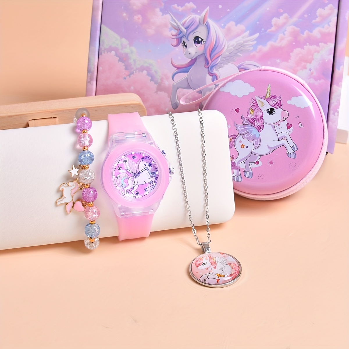 Image of Girls Presents With Gift Box Fashion 4pcs/set Cute Cartoon Pony Children Kids Quartz Watch Soft Silicone Belt Flash Luminous Wristwatch With Necklace Bracelet Wallet Coin