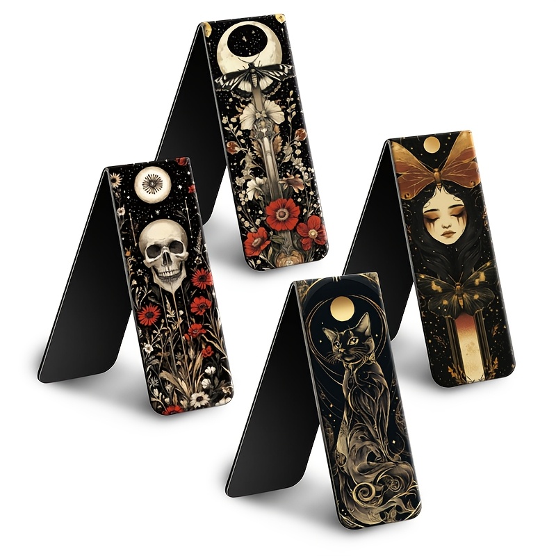 

4pcs Magnetic Bookmarks - Black Cat, , Moth & | Perfect Gift For Readers, Librarians & Friends, Dark , Bookmarks, Magnetic,