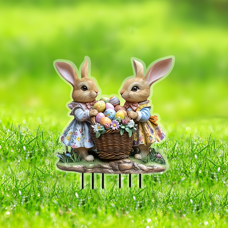 

Bohemian Easter Bunny Garden Support, Acrylic Rabbit Statue With Basket, Outdoor Lawn And Garden Decoration, Bracket Installation, No Electricity, No Feather, Easter Theme