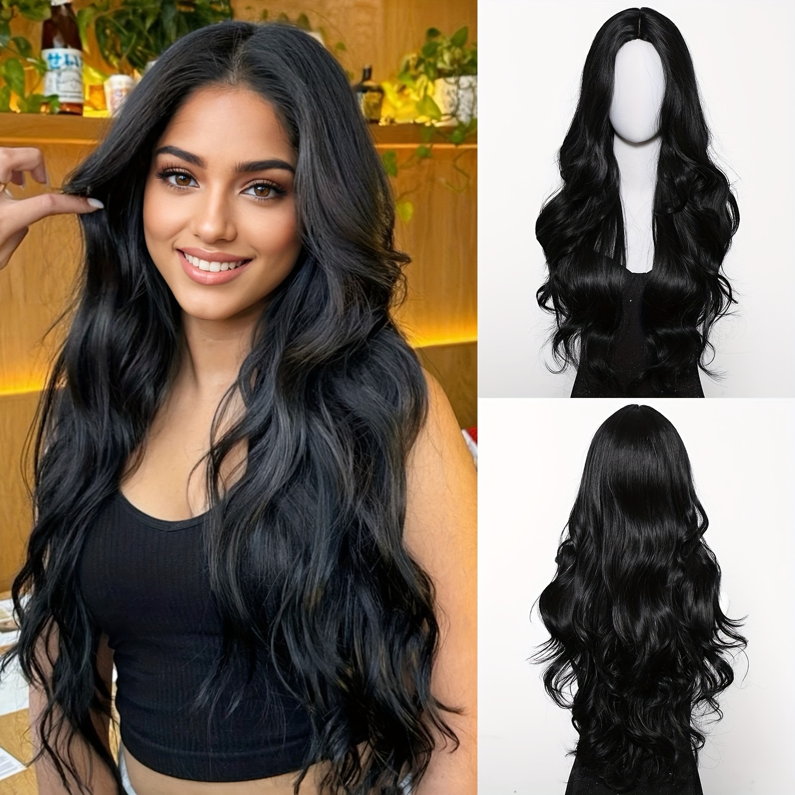 

Elegant 32 Inch Black Curly Wave Wig For Women, 150% Density, Cap, Center Part, No Bangs, Fashionable Long Wig With For