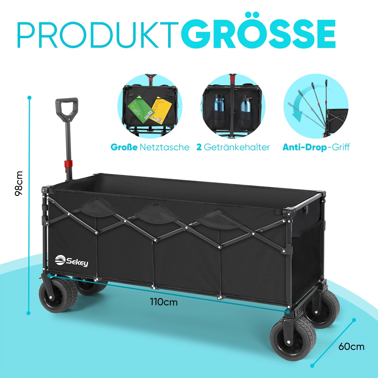 Sunula 400l Heavy Duty Folding Wagon 200kg Capacity, 35cm Wheels & Beverage Holders, For Camping/ Festivals/ Garden, Collapsible Design, Black/ Black Grey.
