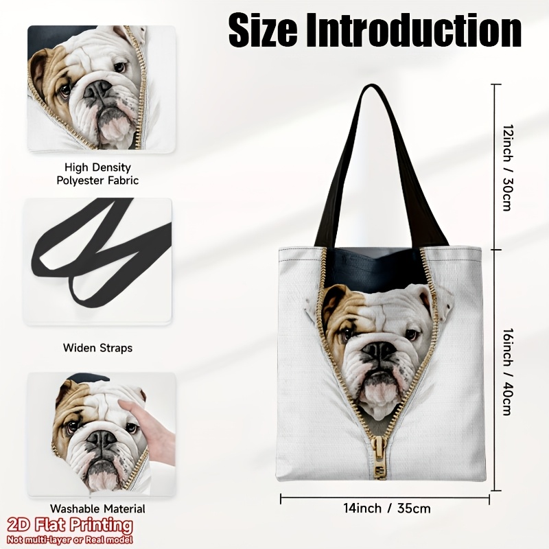 TEMU 2d Flat Printing, 1pc Bulldog Peeking Through A Zipper Tote Bag, Women's Casual Canvas Style Shoulder Bag, Durable Large Shopping Handbag For