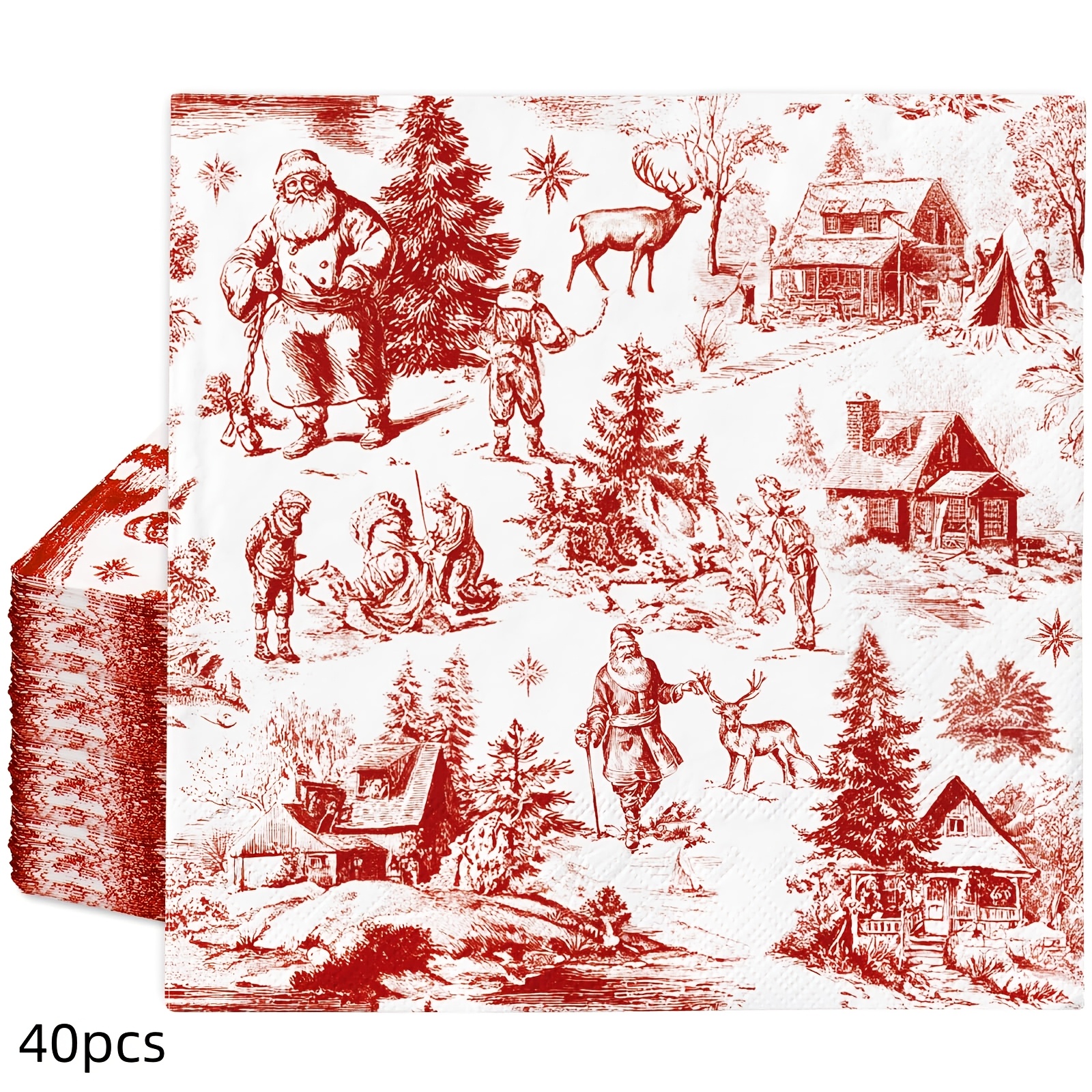 TEMU 40/60/100pcs Christmas Paper Napkins Red Toile Christmas Paper Napkins Santa Reindeer Winter Disposable Napkins Retro Xmas Scene Decorative