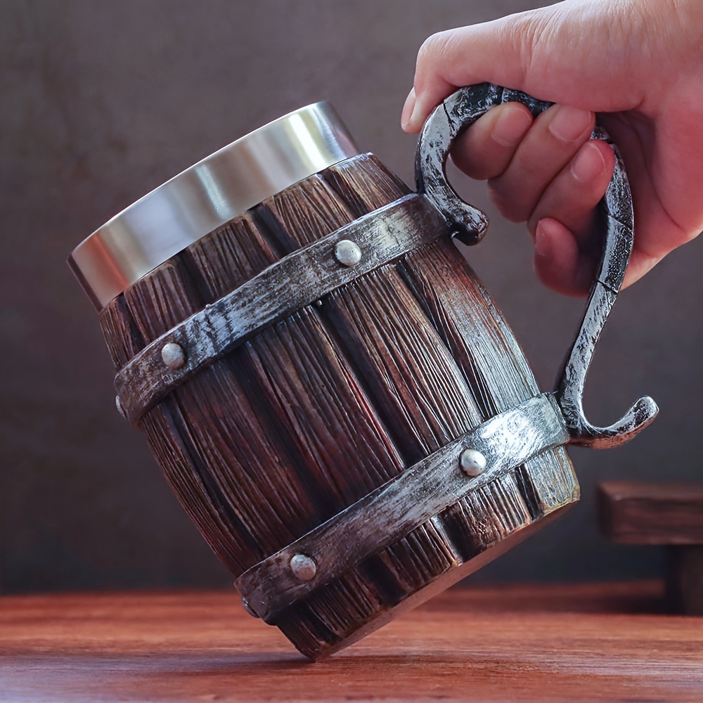a 20oz large capacity stainless steel cup in   of a   resembling a wooden beer mug made of resin   cold drinks party bars and as a gift for friends or for a fathers birthday and   Product details 5