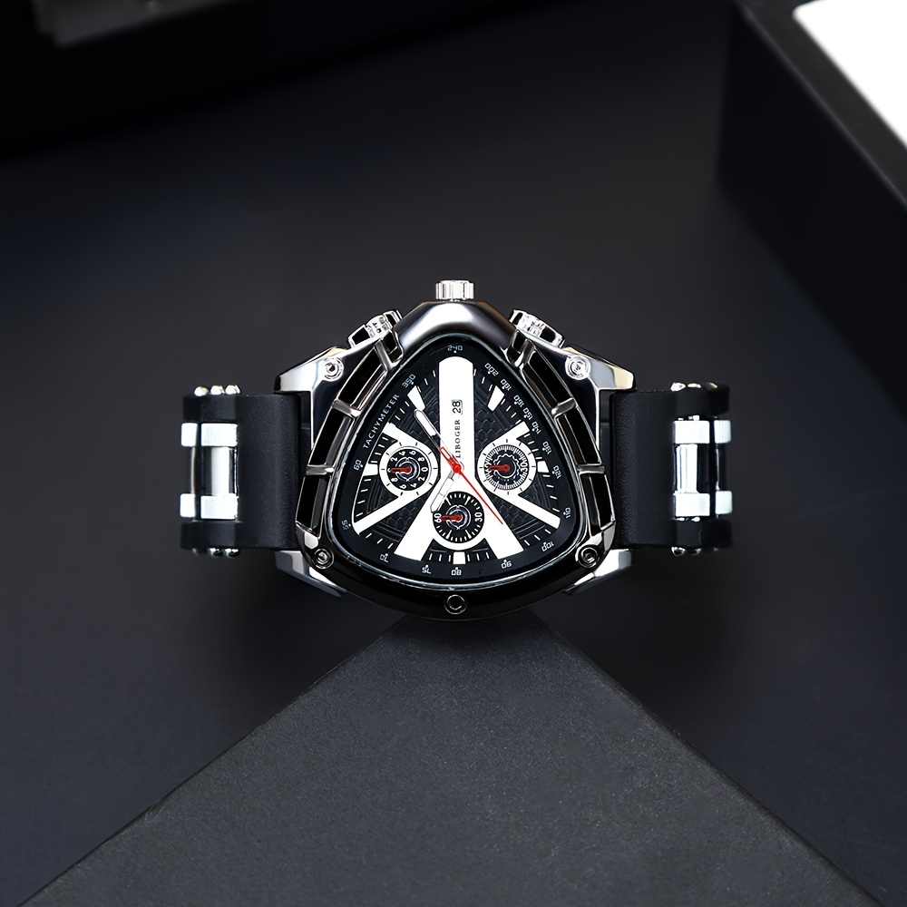 3pcs Set Men'S Quartz Watches with Silicone Strap & Date Display - Classic Triangular Dial, & Golden-Tone Case, Non-Rechargeable Battery, Casual & Sporty Wear