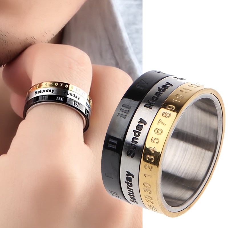 1 titanium 304l stainless   style rotatable date time calendar ring with roman   black and golden anxiety decompression jewelry mens casual dress and holiday gifts christmas thanksgiving carnival Product details 1