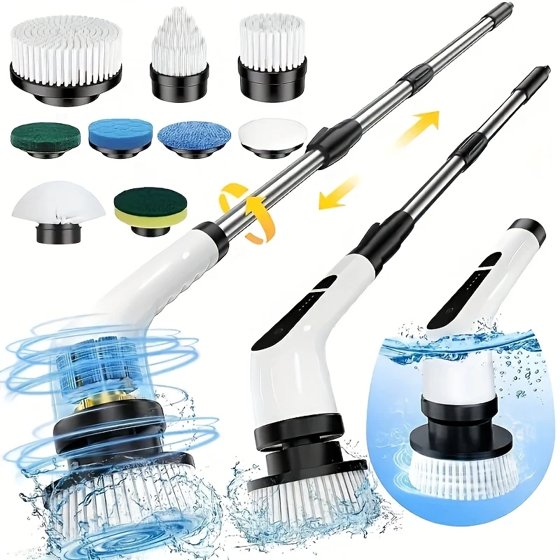 versatile 9 in 1 electric spin scrubber with wireless brush head battery power indicator settings extendable detachable handle multiple replaceable heads for cleaning in kitchen bathroom living room more details 1