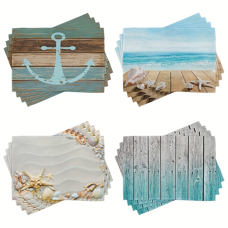 

4pcs, Beach Theme Placemat, Summer Ocean Blue Coastal Sea Life Table Mats, Heat-resisting Non Slip Reversible Burlap Coffee Place Mats, For Party Dining Table, Kitchen Decor And Accessories