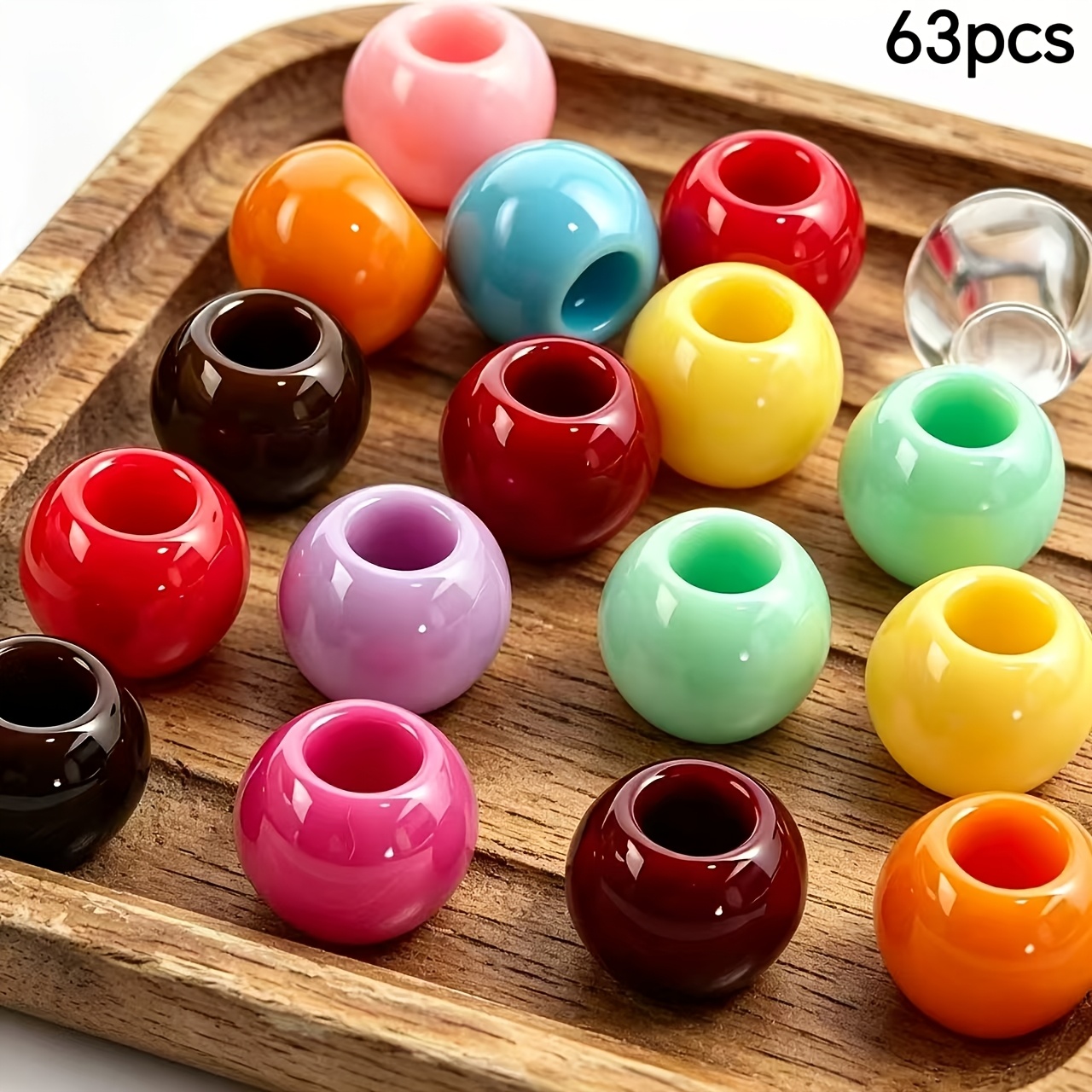TEMU 63pcs 10mm Glossy Solid Color Acrylic Large Beads With Large Hole, Through Hole Loose Beads For Clothing, Footwear, And Jewelry Accessories >