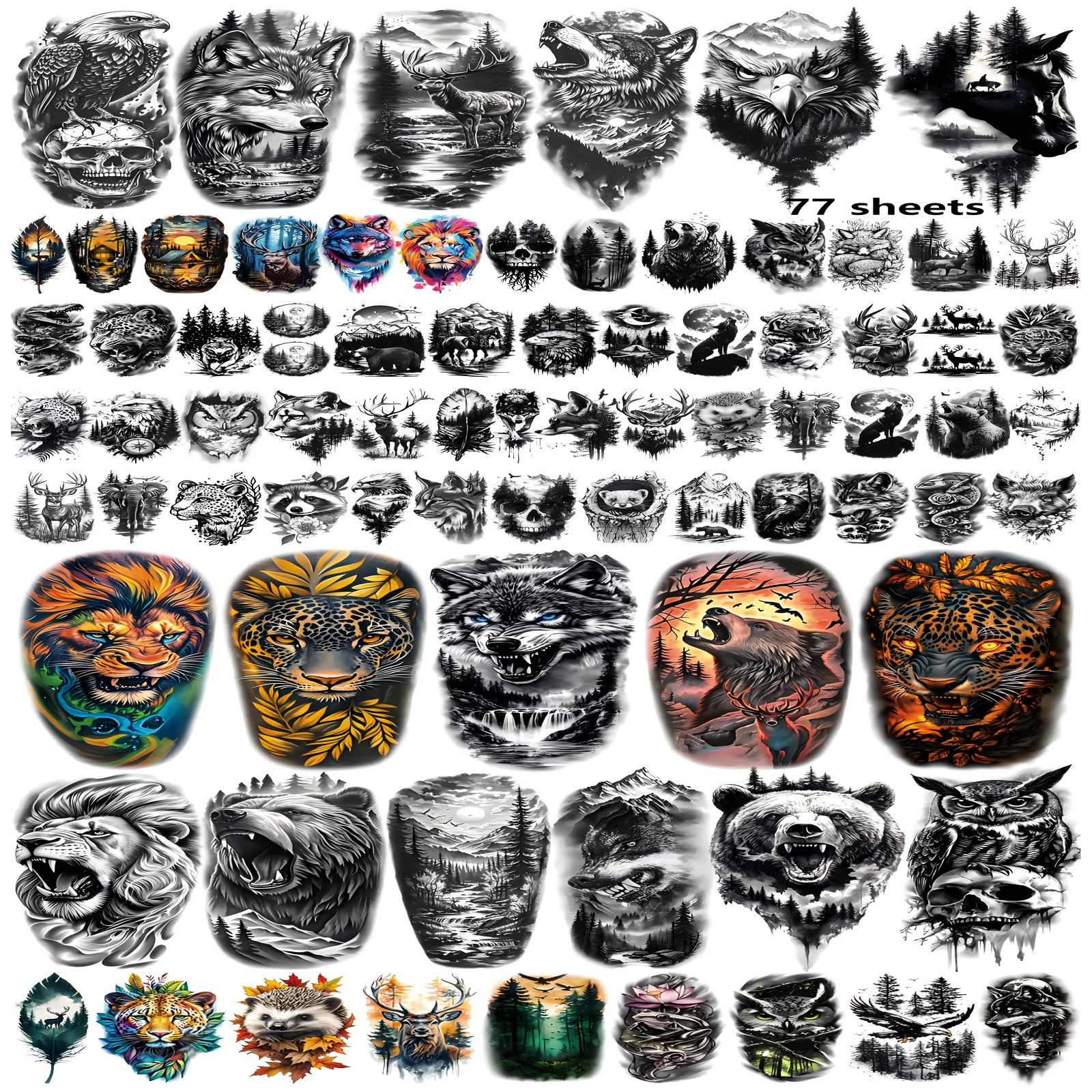 Image of 77 Temporary Tattoos Of Wild Animals - Lifelike Stickers Of Forest Creatures Featuring Wolves And | Nature-themed Fake Tattoos For Men And Women | Waterproof Body Art For And Hunting Events