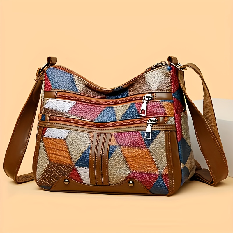 New Women's 3d Checkered Bohemian Style Large Capacity Tote Bag, Adjustable Shoulder Strap Suitable For Daily Commuting And Short Trips