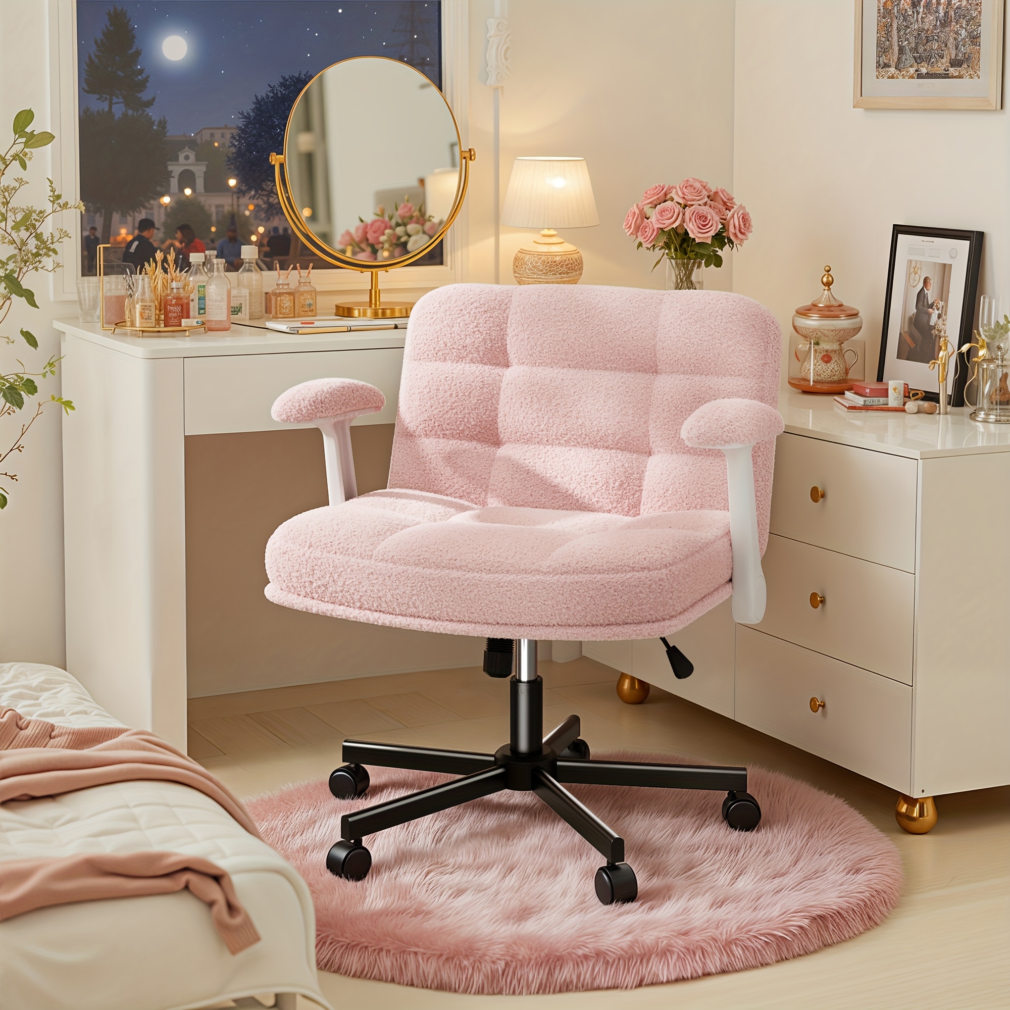 TEMU Adjustable Height Swivel Chair With Flip-up - Cross Base, Soft & Cozy Plush Teddy Fabric, Easy To Assemble, Hide-dust Design For Home Office,
